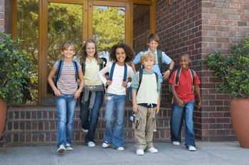 03 kids backpacks in front of school